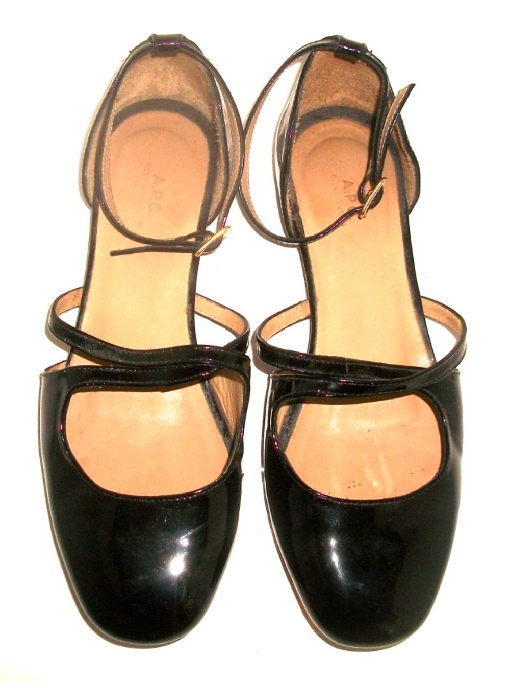 A.P.C. Paris Black Patent-Leather Ankle Strap Flats w Criss Cross Straps 37M 7M